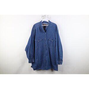 Vintage 90s Streetwear Womens 26 W Faded Denim Jean Band Collar Button Shirt